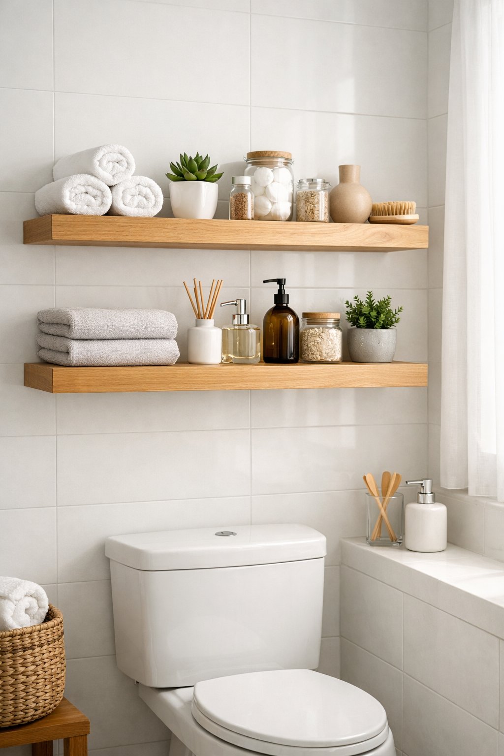 Bathroom Storage Hacks: 7 Smart Ways To Maximize Space 5 A bathroom with floating wooden shelves above the toilet holding towels, plants, and toiletries.