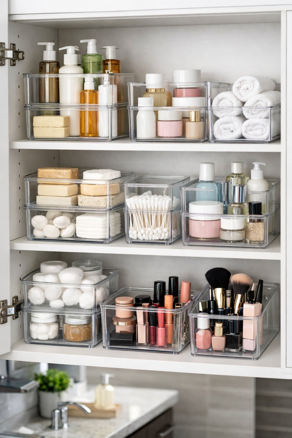 Bathroom Storage Hacks: 7 Smart Ways To Maximize Space 6 An open bathroom cabinet with stackable clear bins neatly organizing toiletries inside.