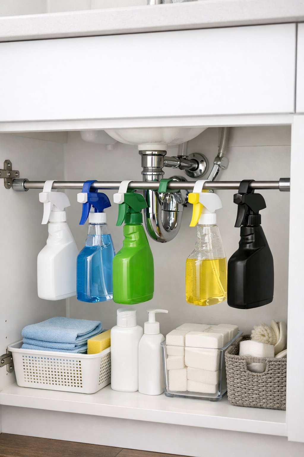 Bathroom Storage Hacks: 7 Smart Ways To Maximize Space 7 Under a bathroom sink, a tension rod holds several spray bottles hanging inside a clean, organized cabinet.