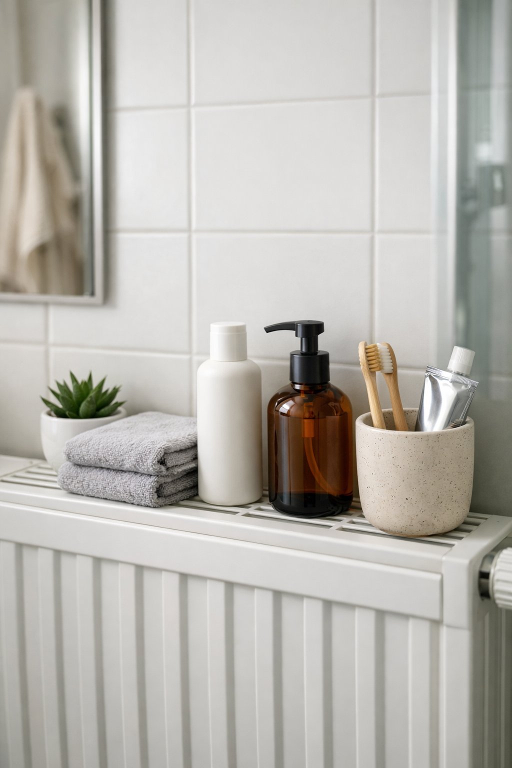 Bathroom Storage Hacks: 7 Smart Ways To Maximize Space 9 A bathroom radiator top used as a surface holding daily essentials like a plant, towel, lotion, soap dispenser, and toothbrush holder.