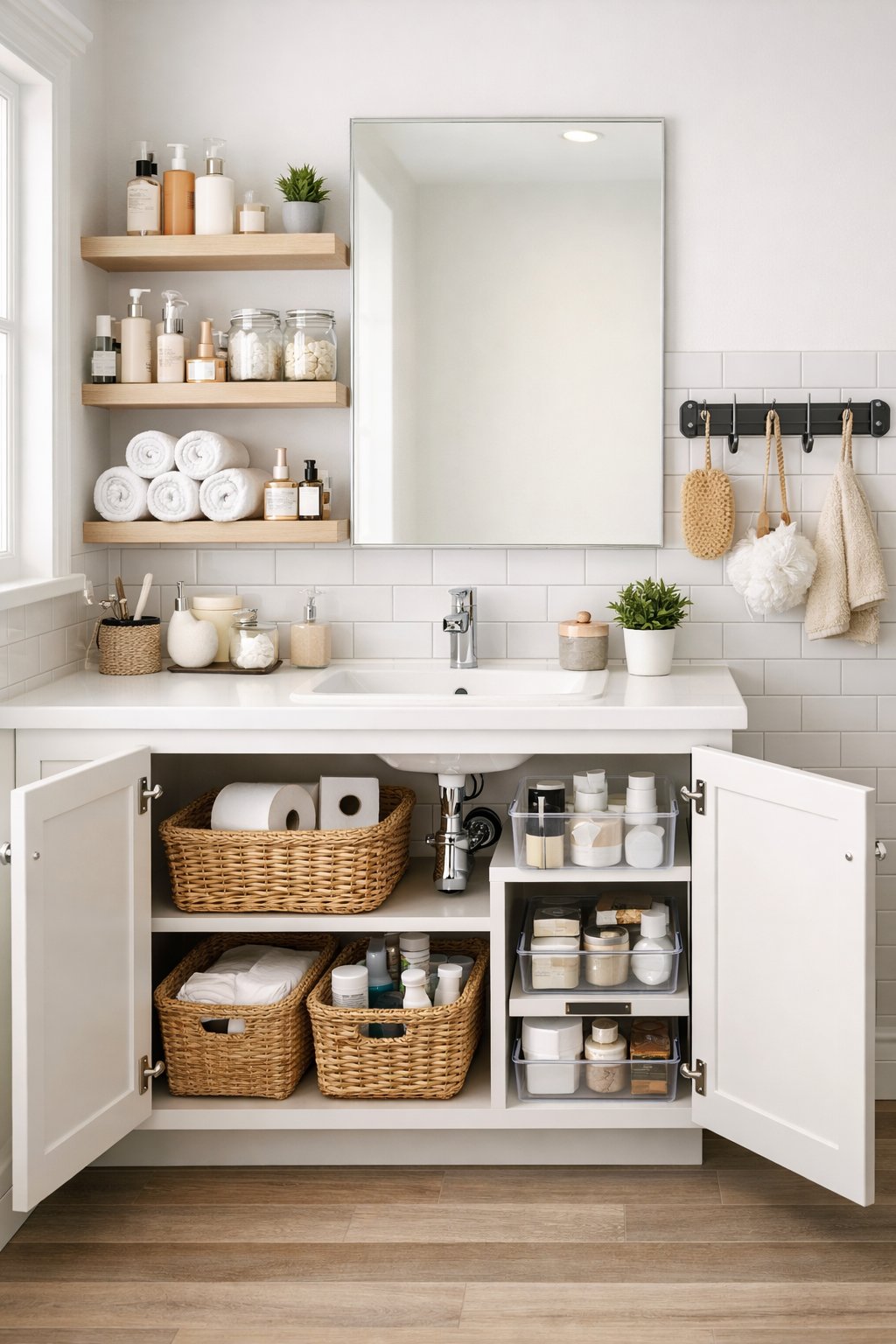 Bathroom Storage Hacks: 7 Smart Ways To Maximize Space 10 A modern bathroom with organized shelves, open cabinets with baskets, and hanging racks showing neatly stored toiletries and towels.