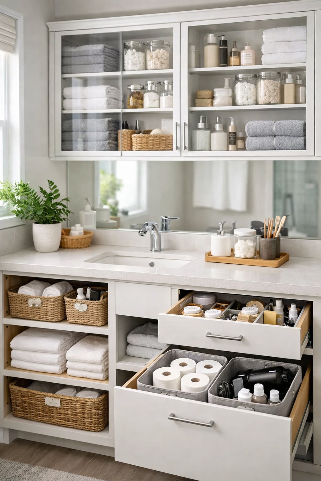 Bathroom Storage Hacks: 7 Smart Ways To Maximize Space 11 A modern bathroom with organized shelves, neatly folded towels, storage baskets, and toiletries arranged on a clean vanity countertop.