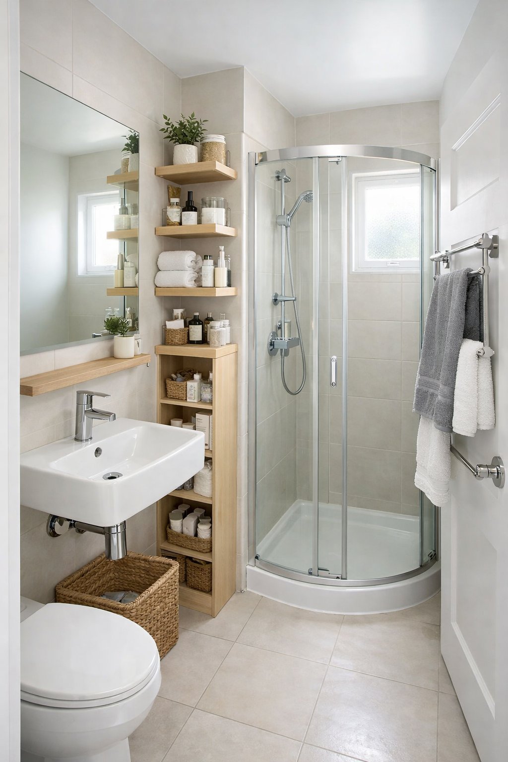Tiny Bathroom Smart Space-Saving Ideas: 7 Practical Solutions That Work 2 A small bathroom with a wall-mounted sink, vertical storage shelves, a corner shower with glass doors, and a large mirror, designed to save space efficiently.
