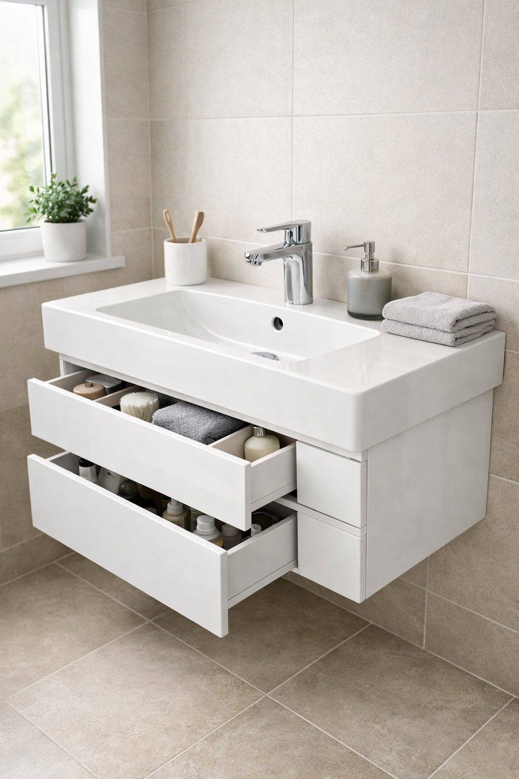 Tiny Bathroom Smart Space-Saving Ideas: 7 Practical Solutions That Work 3 A small bathroom with a wall-mounted sink that has built-in storage underneath, showing an organized and space-saving design.