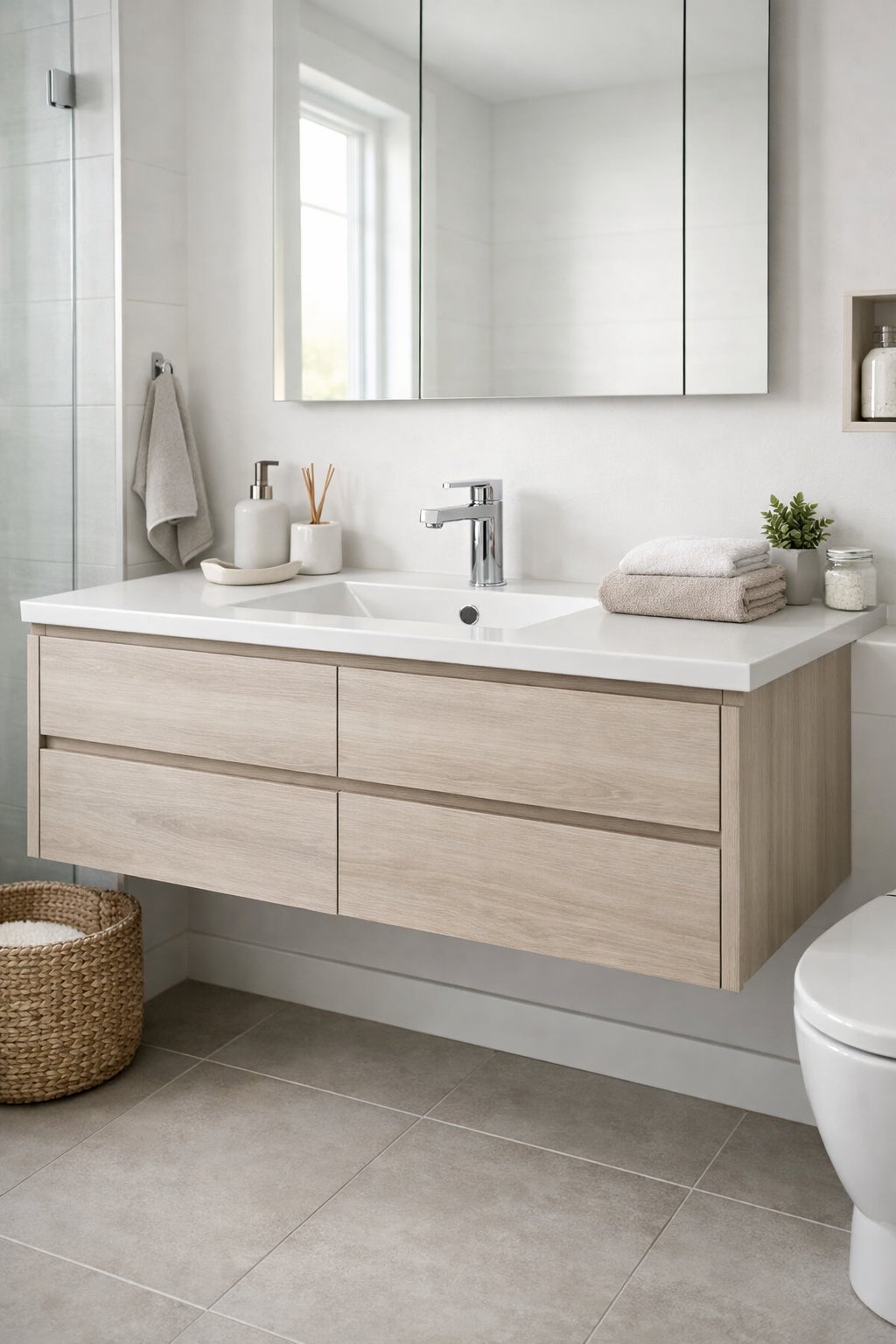 Tiny Bathroom Smart Space-Saving Ideas: 7 Practical Solutions That Work 4 A small bathroom with a floating vanity that has built-in drawers, a sink, and a faucet, designed to save space and stay organized.