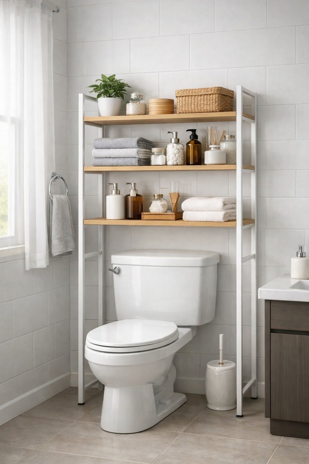 Tiny Bathroom Smart Space-Saving Ideas: 7 Practical Solutions That Work 5 Small bathroom with an over-the-toilet shelving unit holding towels and bathroom essentials.