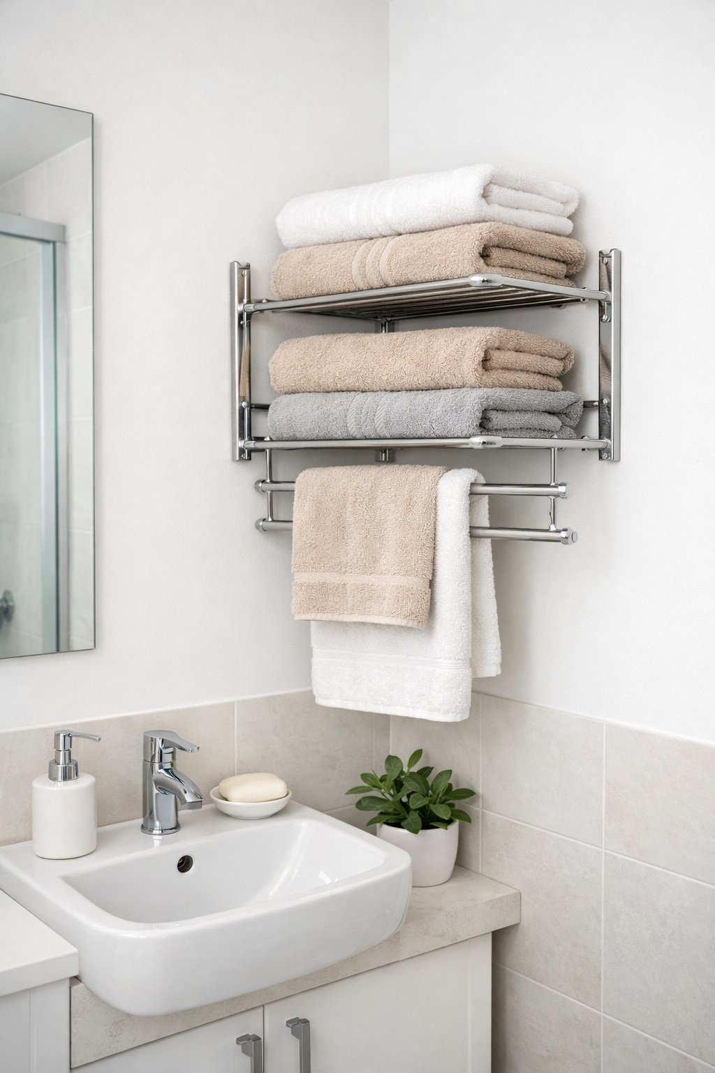 Tiny Bathroom Smart Space-Saving Ideas: 7 Practical Solutions That Work 6 A small bathroom with a corner-mounted towel rack holding folded towels, a compact sink, and a small potted plant.