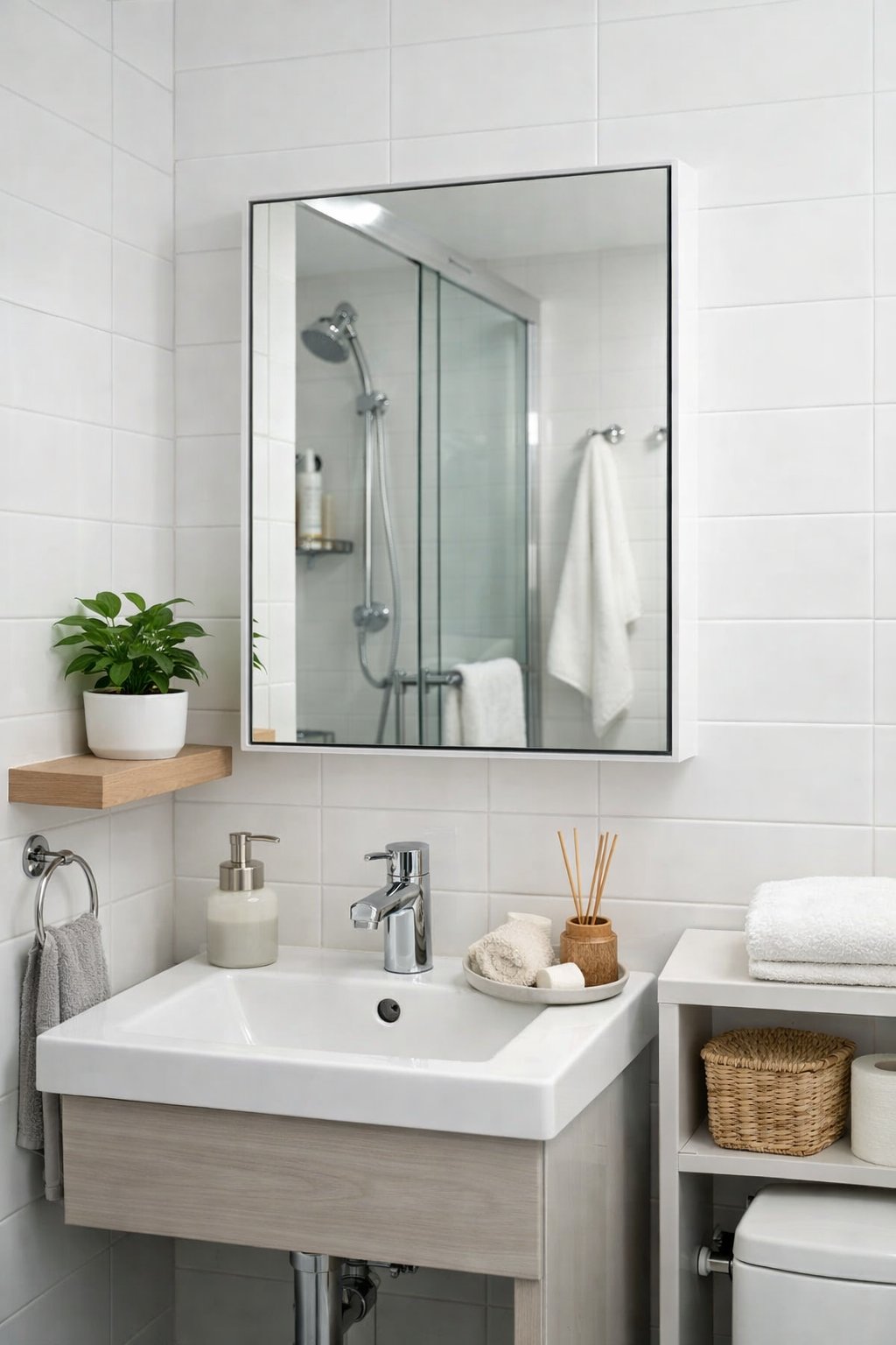 Tiny Bathroom Smart Space-Saving Ideas: 7 Practical Solutions That Work 7 A small bathroom with a recessed medicine cabinet featuring a mirrored door integrated into the wall above a sink.