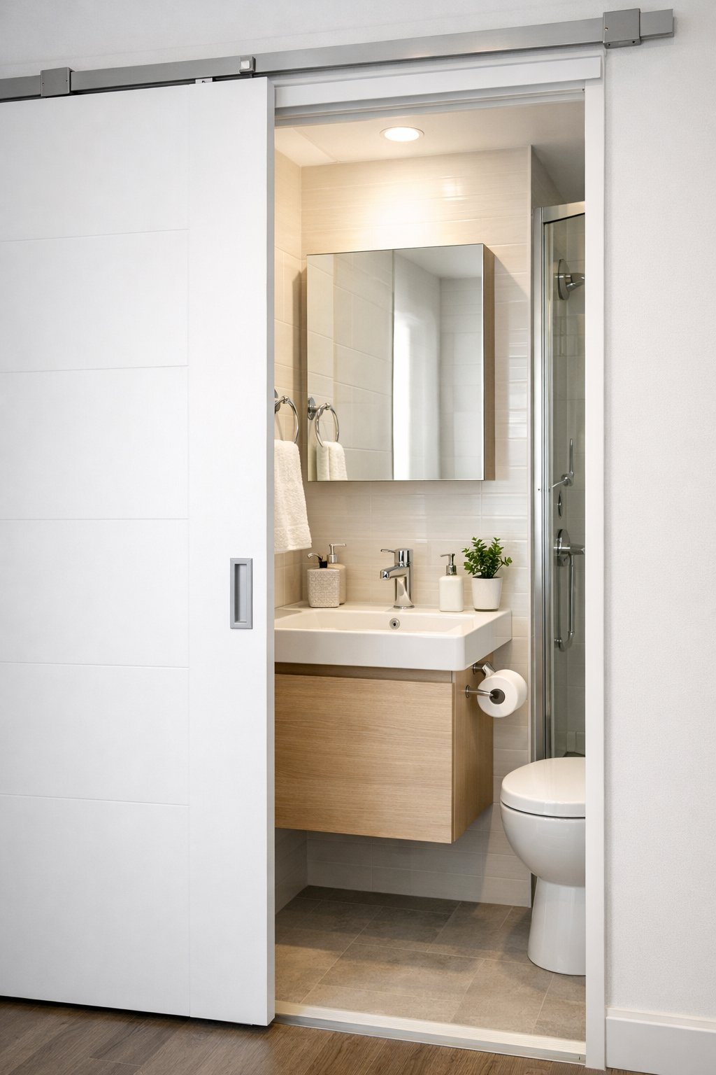 Tiny Bathroom Smart Space-Saving Ideas: 7 Practical Solutions That Work 8 A small bathroom with a sliding door partially open, showing a sink, mirror, and organized toiletries inside.