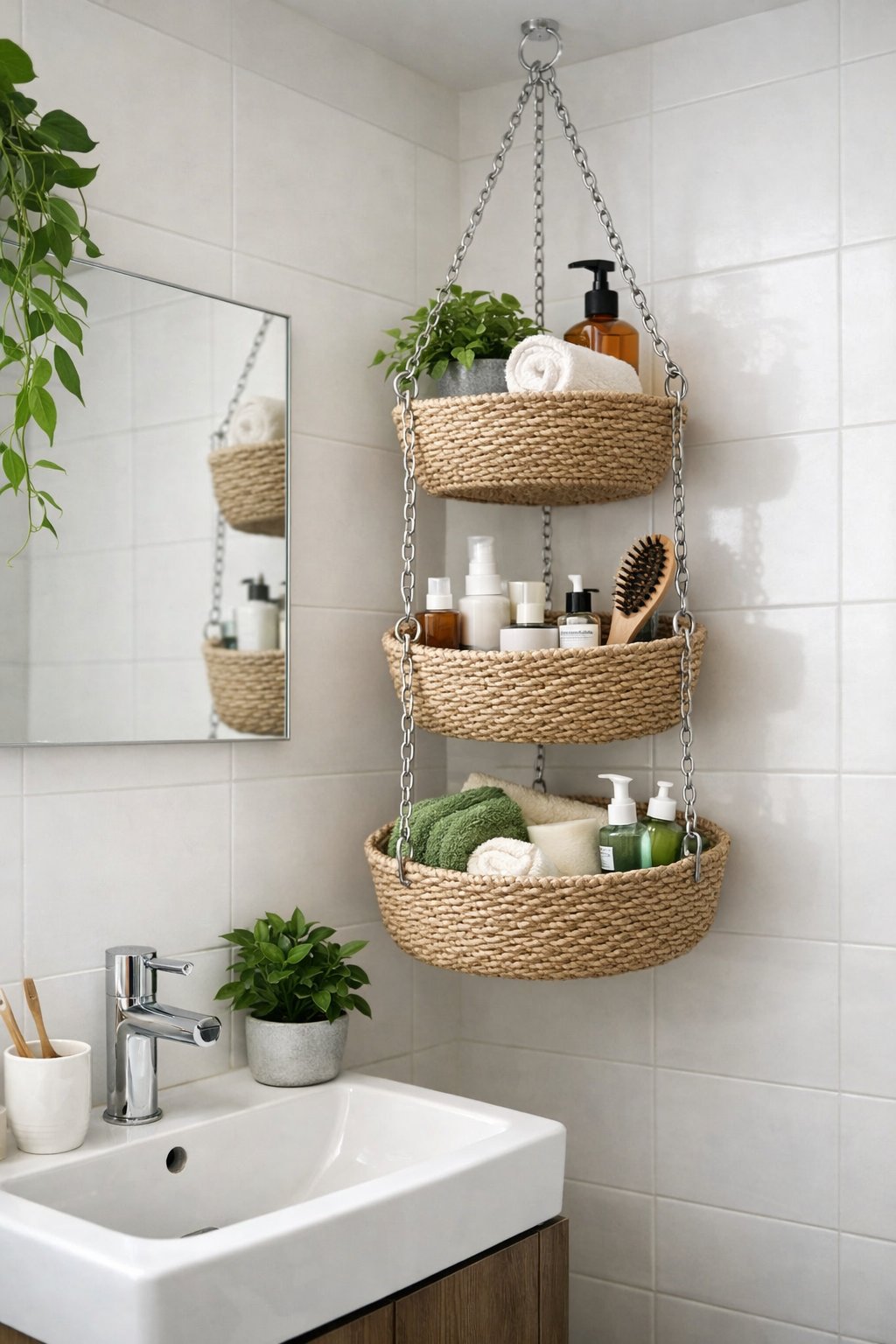Tiny Bathroom Smart Space-Saving Ideas: 7 Practical Solutions That Work 9 A small bathroom with multi-tiered hanging baskets holding plants and toiletries to save space.