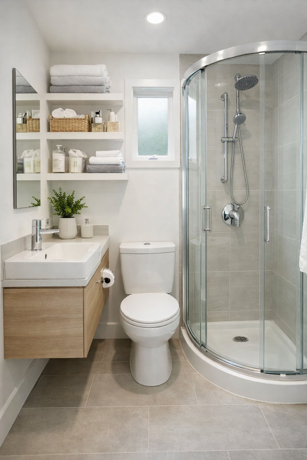Tiny Bathroom Smart Space-Saving Ideas: 7 Practical Solutions That Work 10 A small bathroom with a wall-mounted sink, corner shower, and shelves above the toilet, designed to maximize space and keep the area organized.