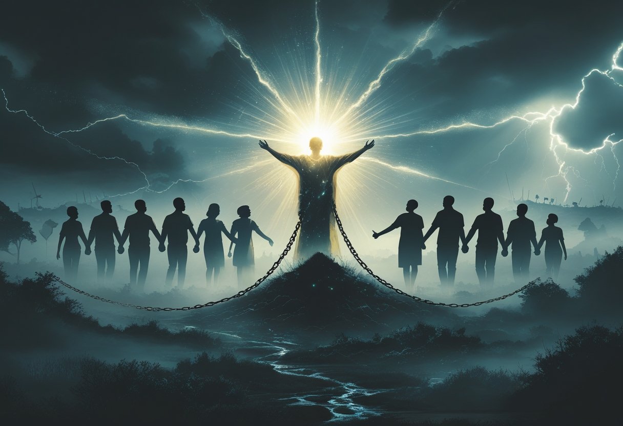 A glowing figure stands surrounded by diverse people holding hands, breaking free from chains in a dark landscape with light shining through clouds.