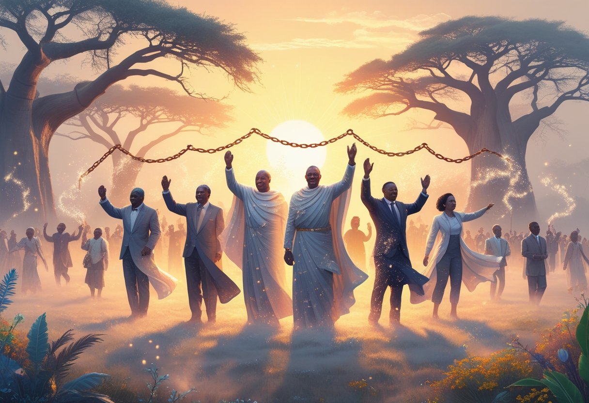 A group of united leaders standing on a glowing landscape with broken chains around them, surrounded by people celebrating under a rising sun.