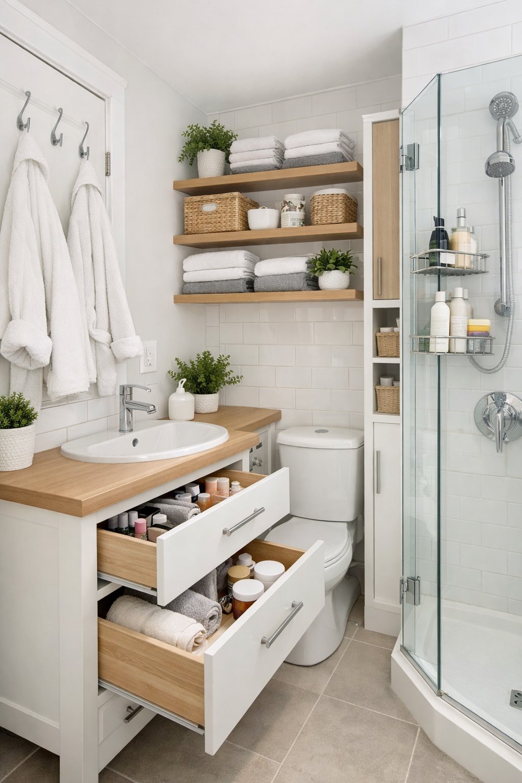 Clever Small Bathroom Storage Solutions: 7 Space-Saving Ideas 2 Small bathroom with organized storage including shelves, drawers, hooks, and a shower caddy, all neatly arranged to maximize space.