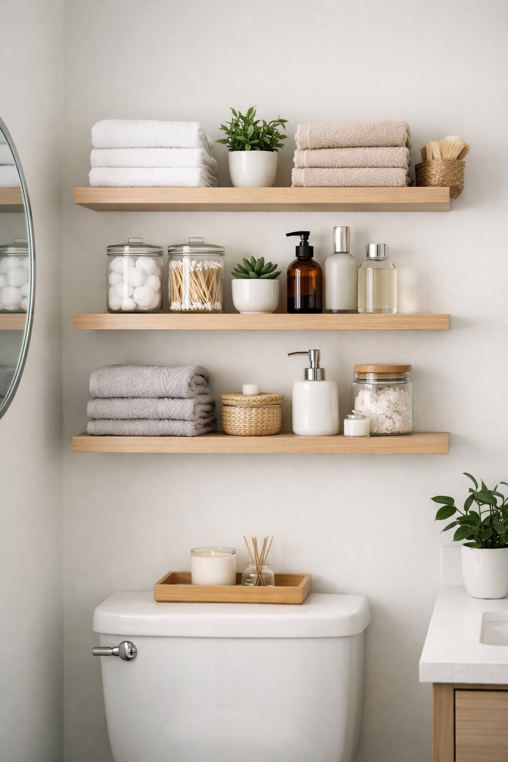 Clever Small Bathroom Storage Solutions: 7 Space-Saving Ideas 3 A small bathroom with floating wall shelves holding towels, plants, and toiletries for organized storage.