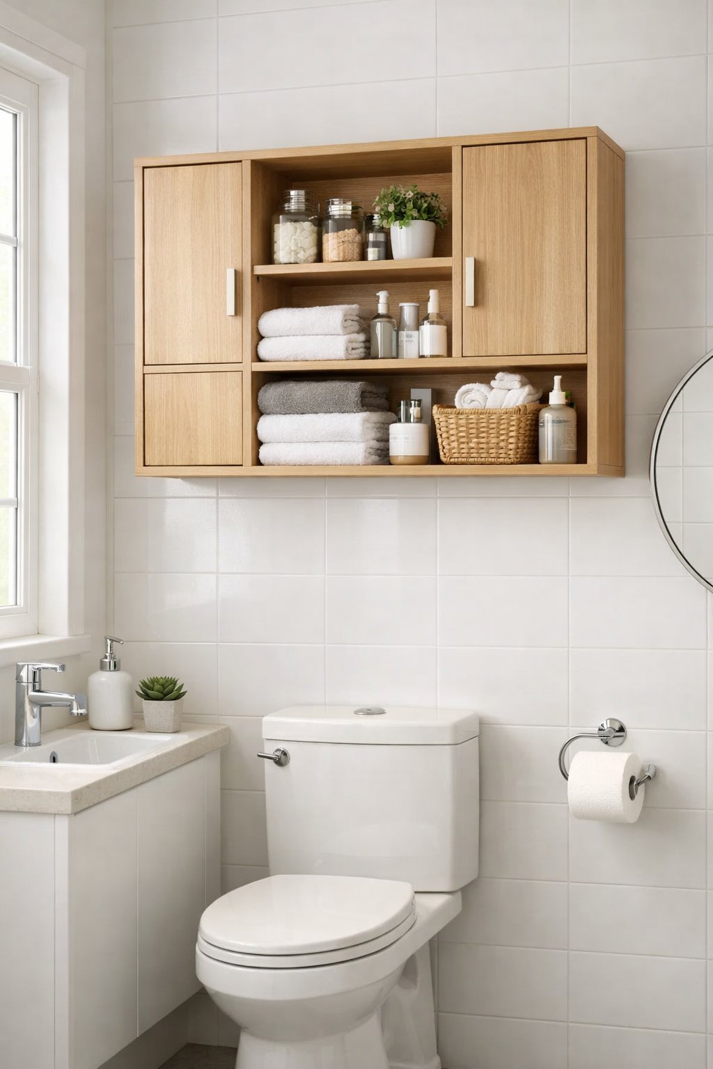 Clever Small Bathroom Storage Solutions: 7 Space-Saving Ideas 4 Small bathroom with an over-the-toilet cabinet holding towels and toiletries, a white toilet, sink, and a round mirror.