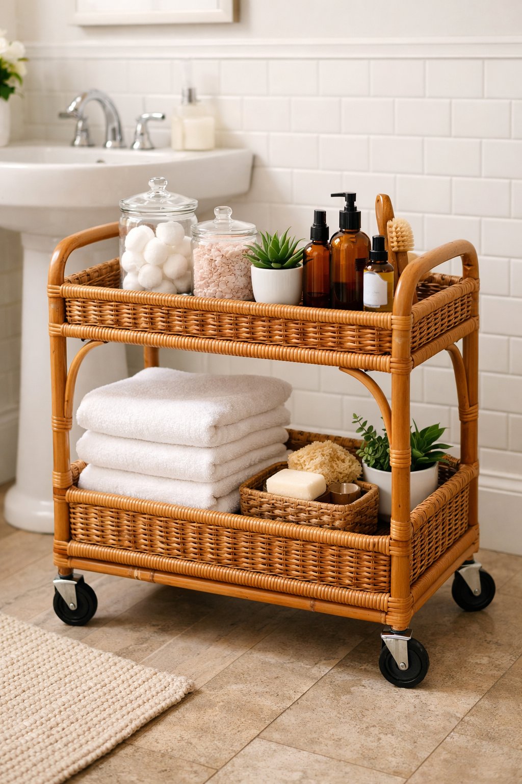 Clever Small Bathroom Storage Solutions: 7 Space-Saving Ideas 5 A rolling vintage rattan bar cart holding bathroom essentials like towels, glass jars, plants, and bottles in a bright small bathroom.