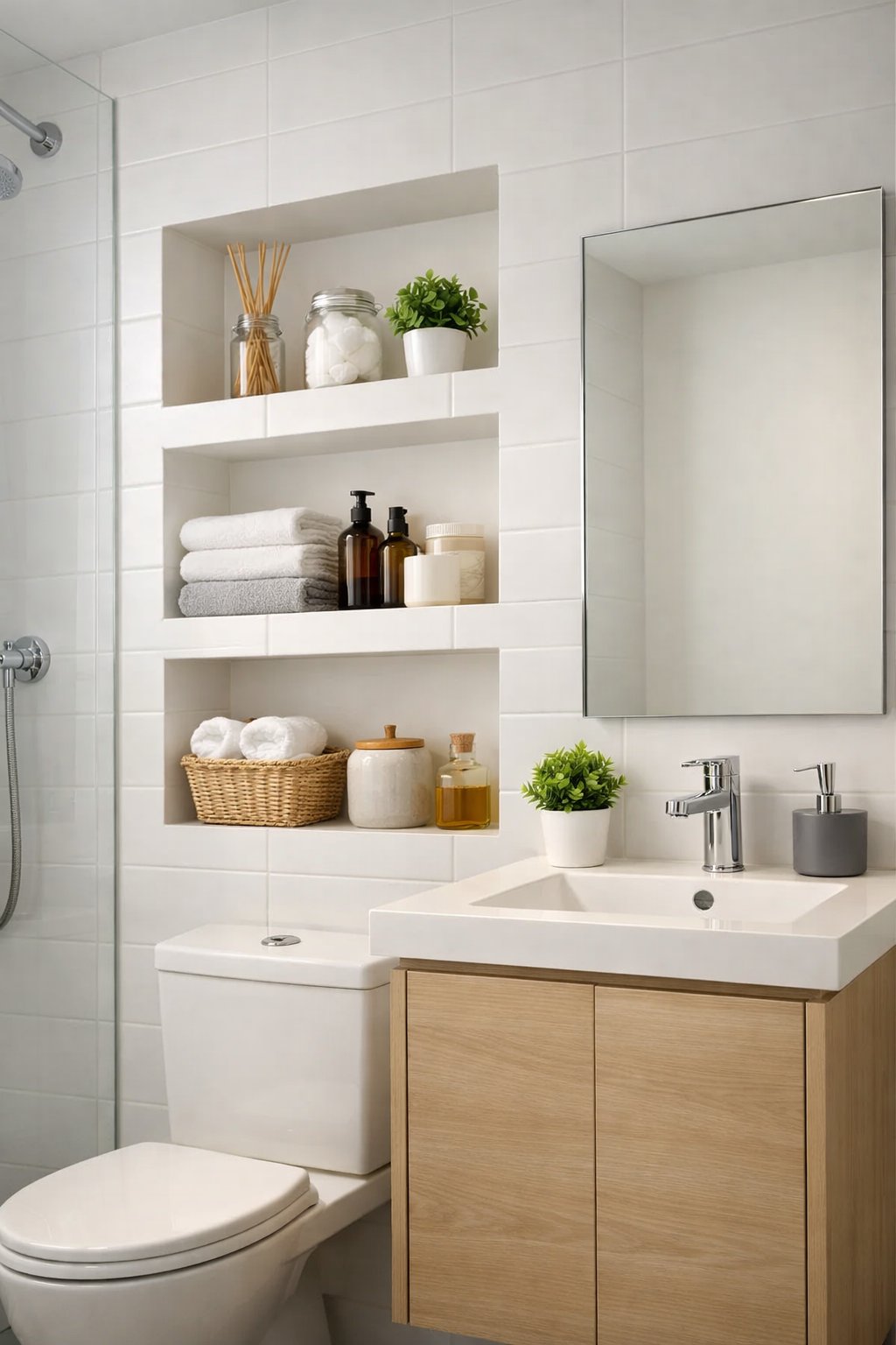Clever Small Bathroom Storage Solutions: 7 Space-Saving Ideas 6 Small bathroom with built-in recessed shelves holding towels and bathroom items, next to a vanity and mirror.