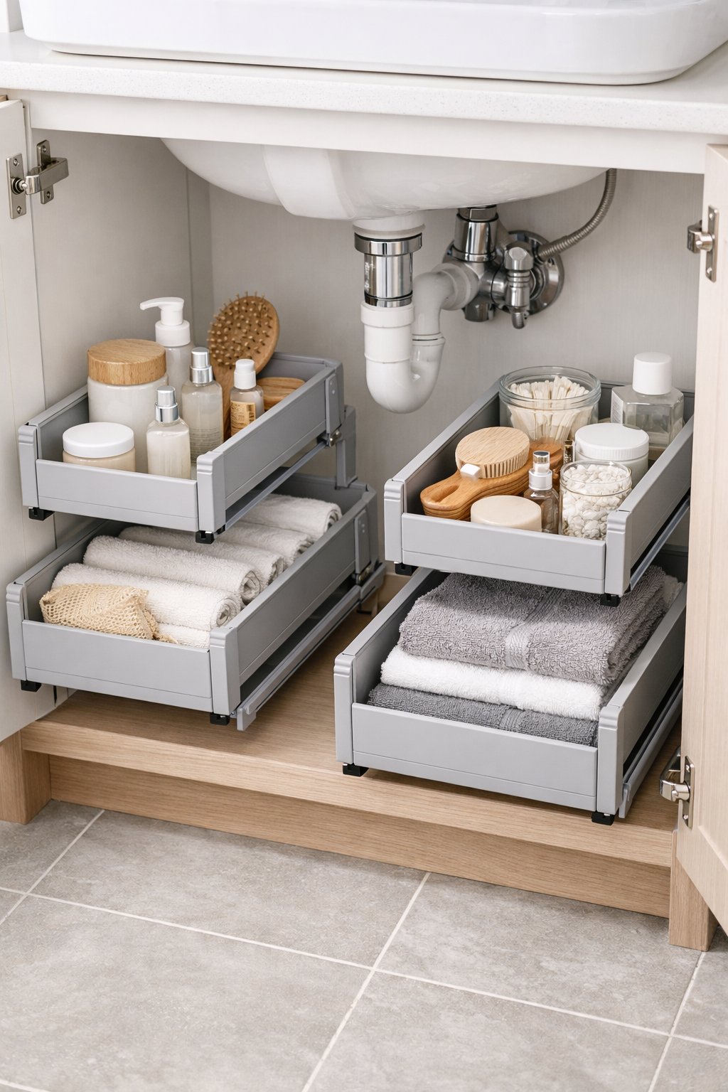 Clever Small Bathroom Storage Solutions: 7 Space-Saving Ideas 7 Under-sink cabinet with pull-out drawers holding neatly organized bathroom toiletries and towels.