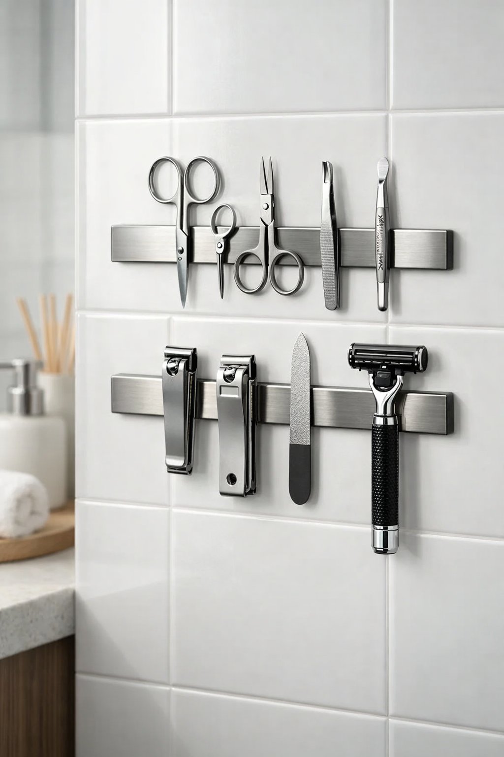 Clever Small Bathroom Storage Solutions: 7 Space-Saving Ideas 8 Metal grooming tools like scissors and tweezers held on magnetic strips mounted on a bathroom wall above a countertop.