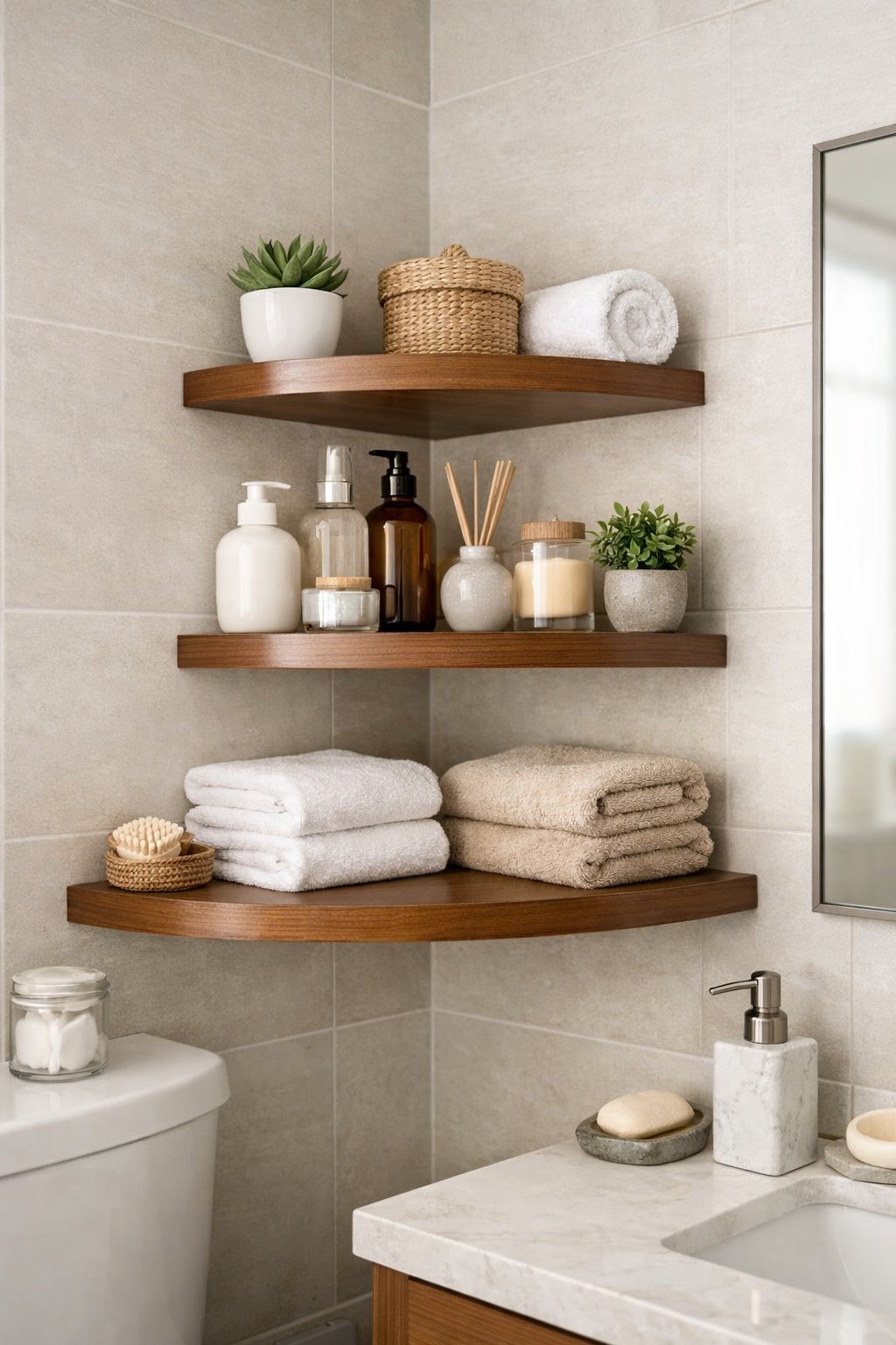 Clever Small Bathroom Storage Solutions: 7 Space-Saving Ideas 9 A small bathroom corner with tiered shelves holding towels, plants, and toiletries to maximize storage space.