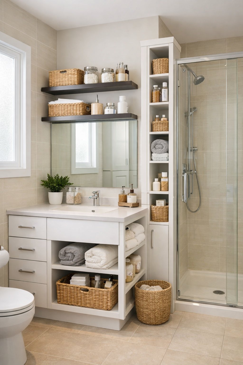 Clever Small Bathroom Storage Solutions: 7 Space-Saving Ideas 10 Small modern bathroom with compact vanity, floating shelves, and vertical storage cabinets neatly organizing towels and toiletries.