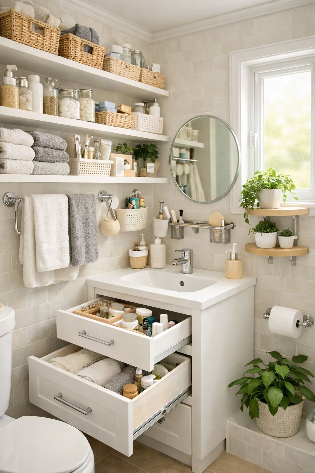 Clever Small Bathroom Storage Solutions: 7 Space-Saving Ideas 11 A small bathroom with organized shelves, wall-mounted racks, and a compact vanity, showing efficient storage solutions.