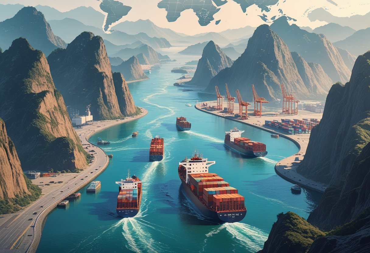 A narrow sea passage crowded with cargo ships near a busy port city under construction, showing a strategic global trade route.