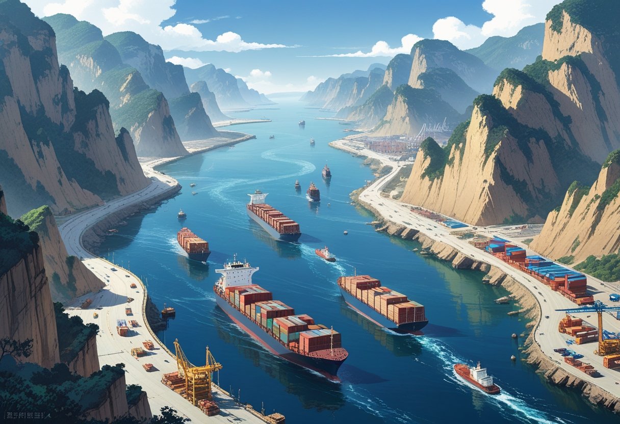 A narrow sea passage with cargo ships navigating between rocky cliffs, surrounded by port infrastructure and shipping yards.