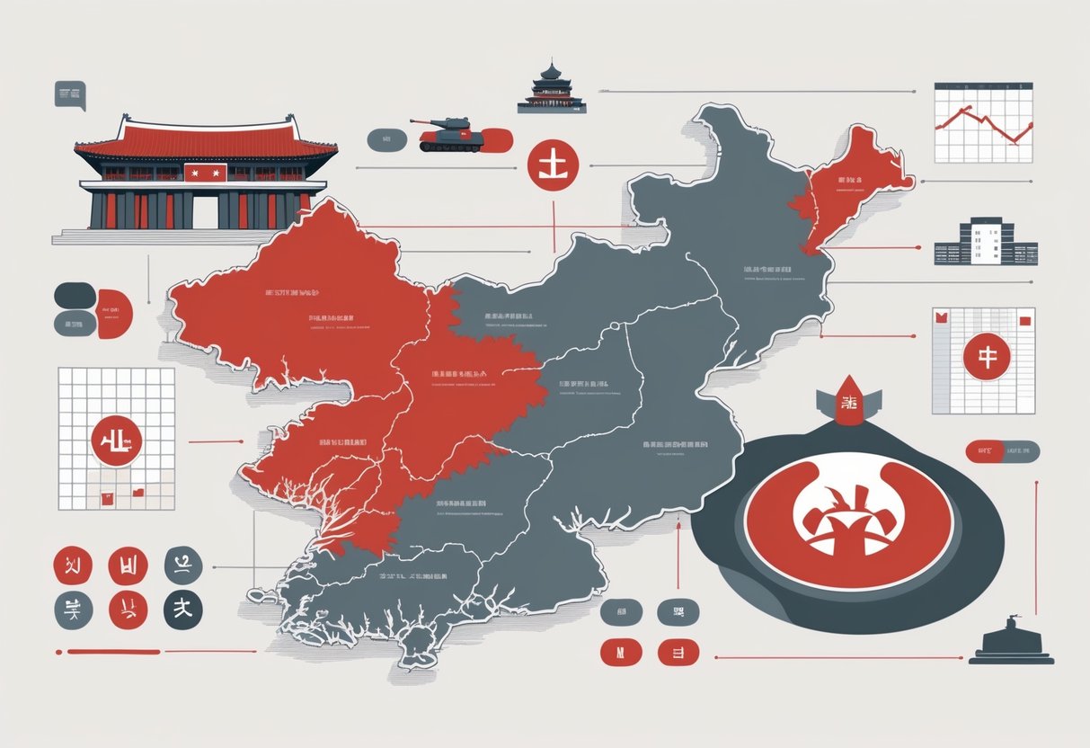Ilustrasi peta Korea Utara dengan simbol-simbol pemerintahan dan militer yang menggambarkan sistem pemerintahan negara tersebut.