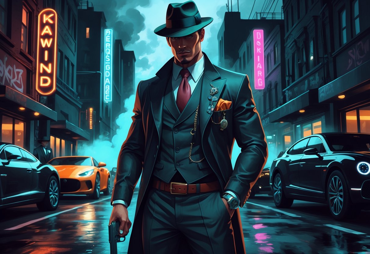 Seorang pria berpakaian rapi berdiri di jalan kota gelap dengan lampu neon dan mobil mewah di latar belakang.