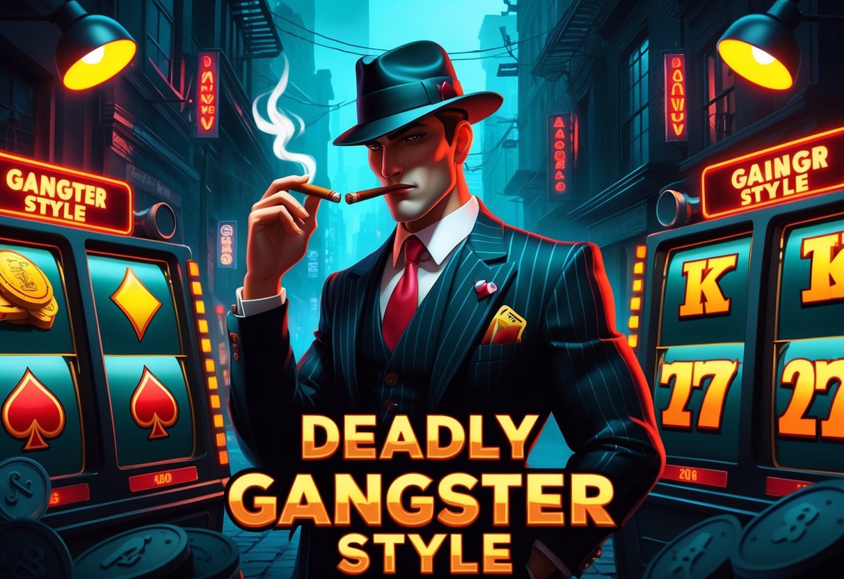 Ilustrasi seorang gangster berpakaian rapi di lingkungan kota gelap dengan mesin slot dan simbol terkait di sekitarnya.