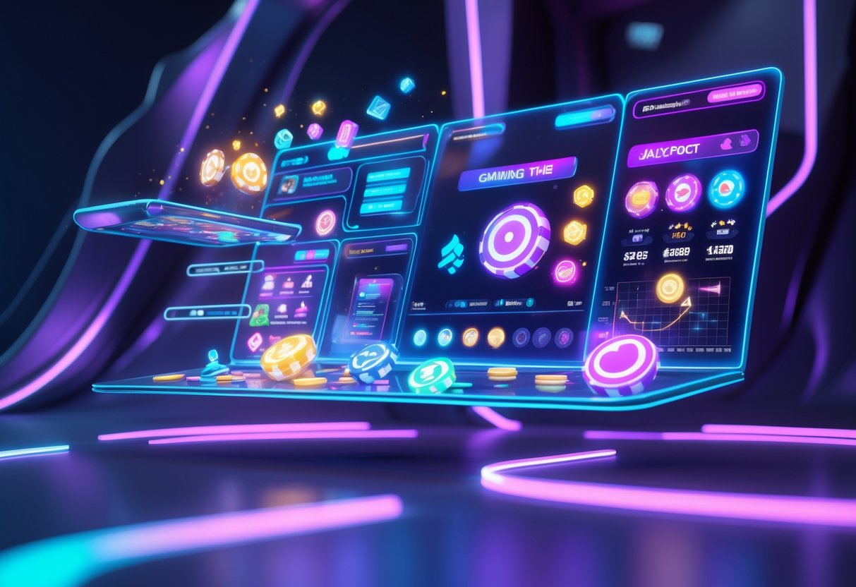 Tampilan portal game online futuristik dengan ikon dan layar holografik berwarna-warni yang menunjukkan informasi game dan tips menang.