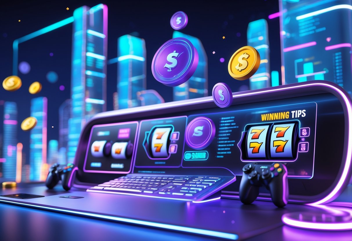 Tampilan portal game online dengan ikon mesin slot, koin berputar, dan grafik kemenangan di latar kota futuristik.