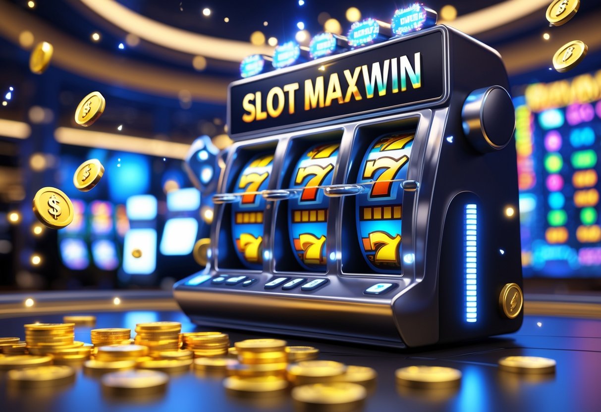 Mesin slot modern dengan gulungan berwarna cerah yang berputar, dikelilingi oleh koin emas dan efek cahaya yang menunjukkan kemenangan besar di lantai kasino.