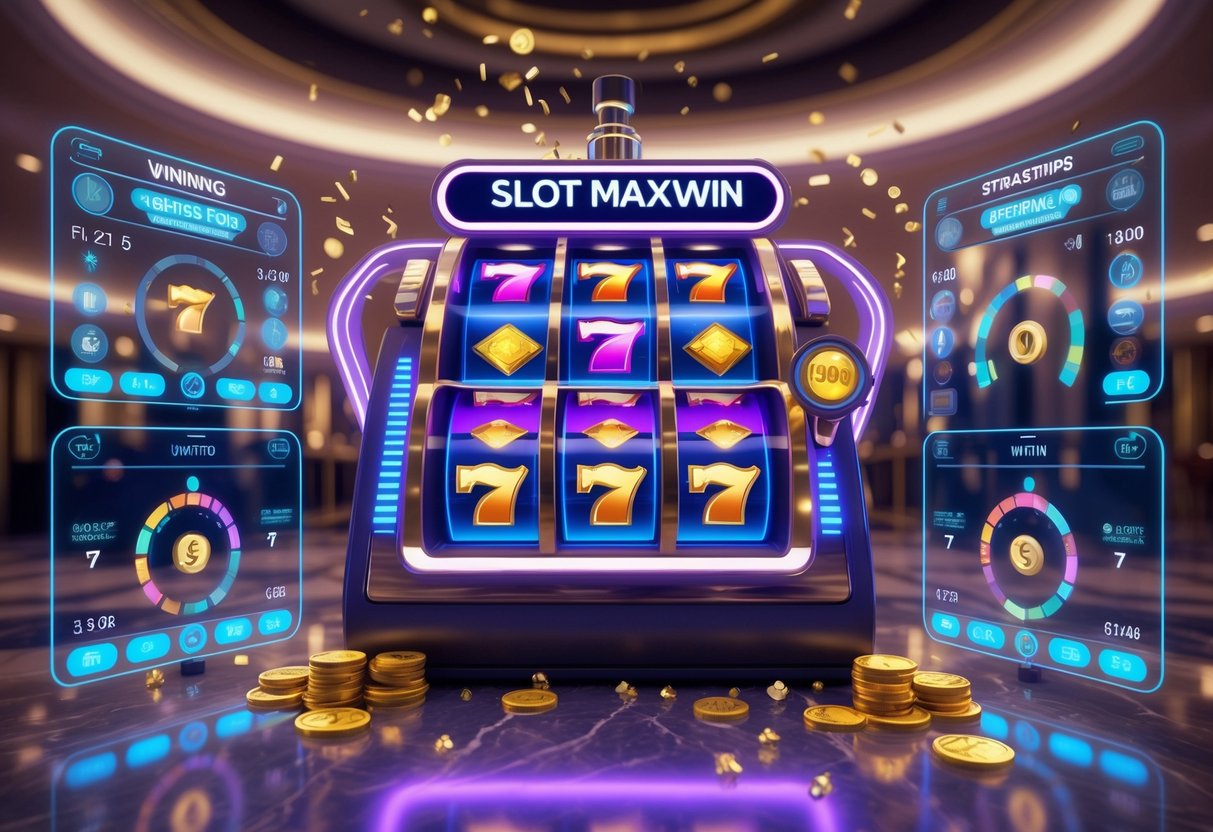 Pemandangan mesin slot modern dengan lampu neon dan koin emas berjatuhan di lantai kasino yang mewah.