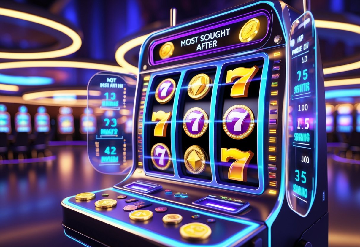 Sebuah mesin slot futuristik berwarna-warni dengan lampu menyala di dalam kasino modern yang ramai.