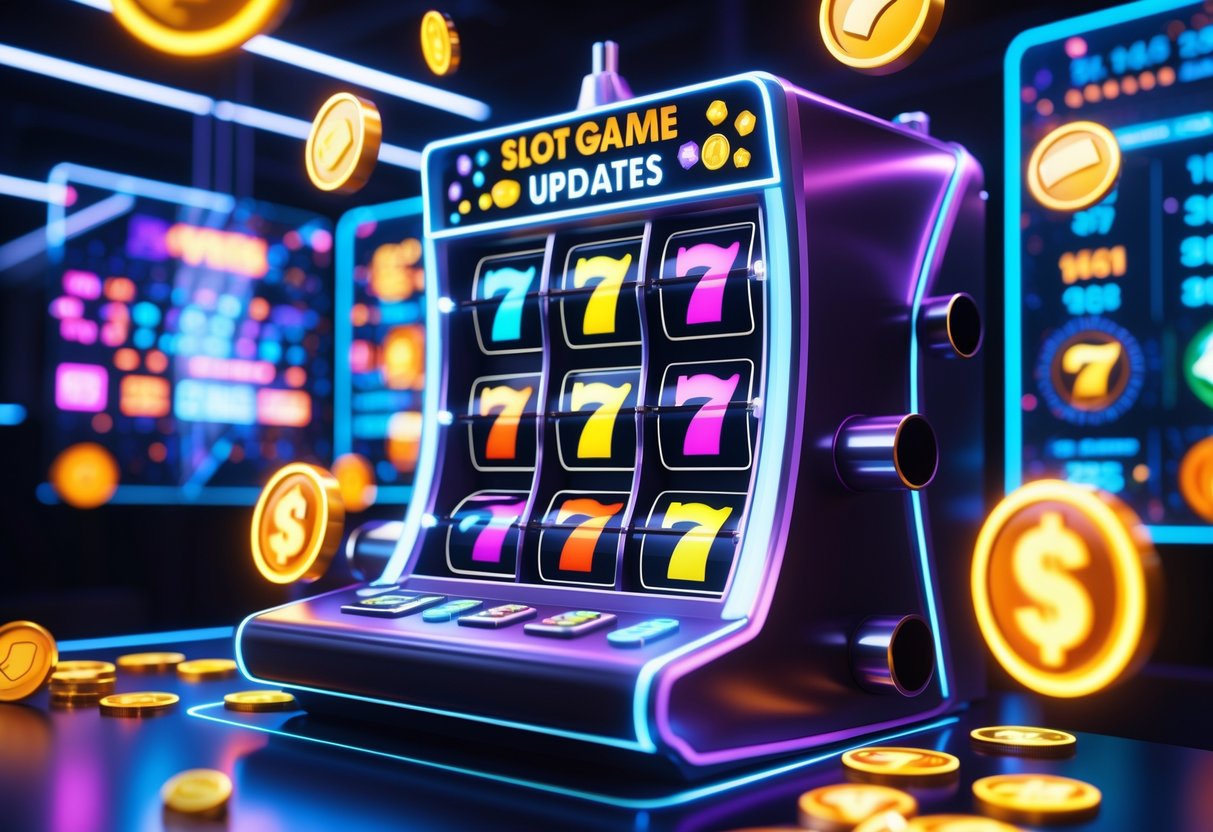 Mesin slot modern dengan gulungan berwarna-warni dan lampu neon di lingkungan kasino futuristik.