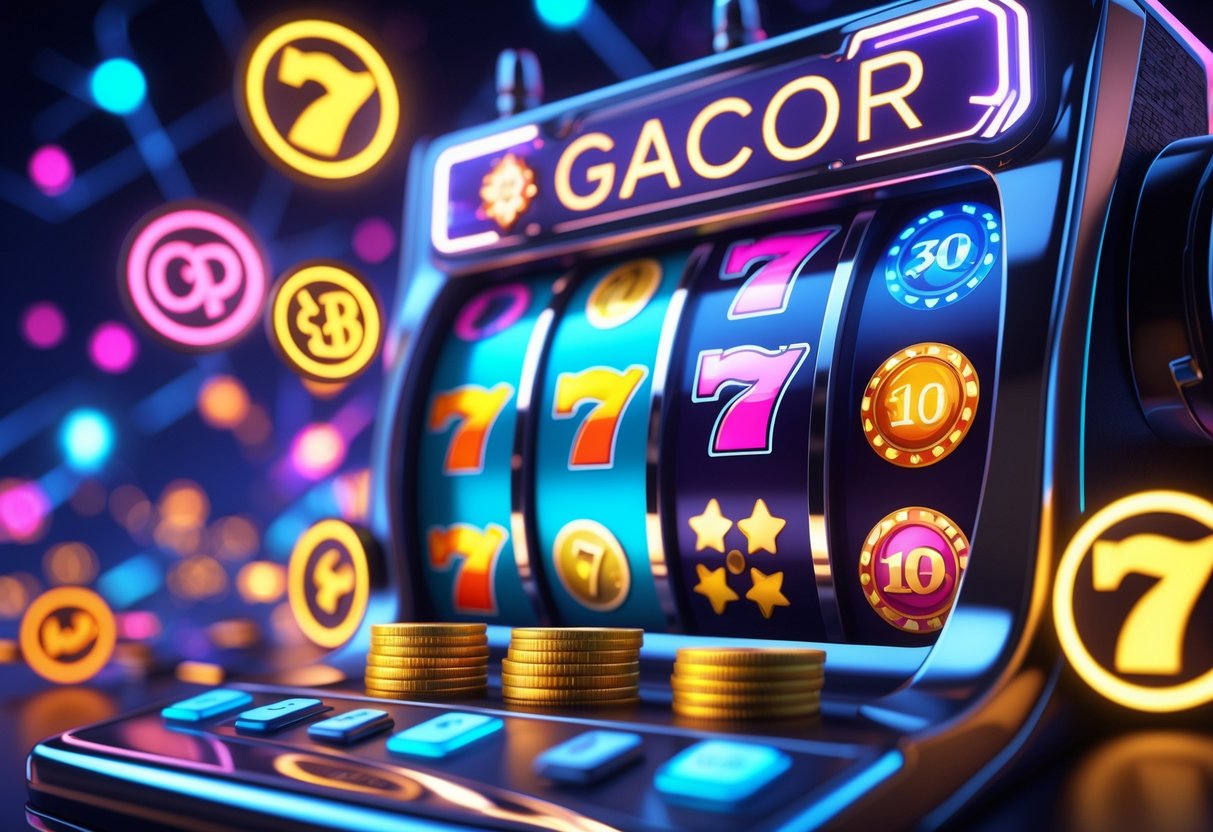 Tampilan mesin slot online dengan simbol-simbol klasik dan ikon penyedia permainan populer di latar belakang yang berwarna-warni dan cerah.