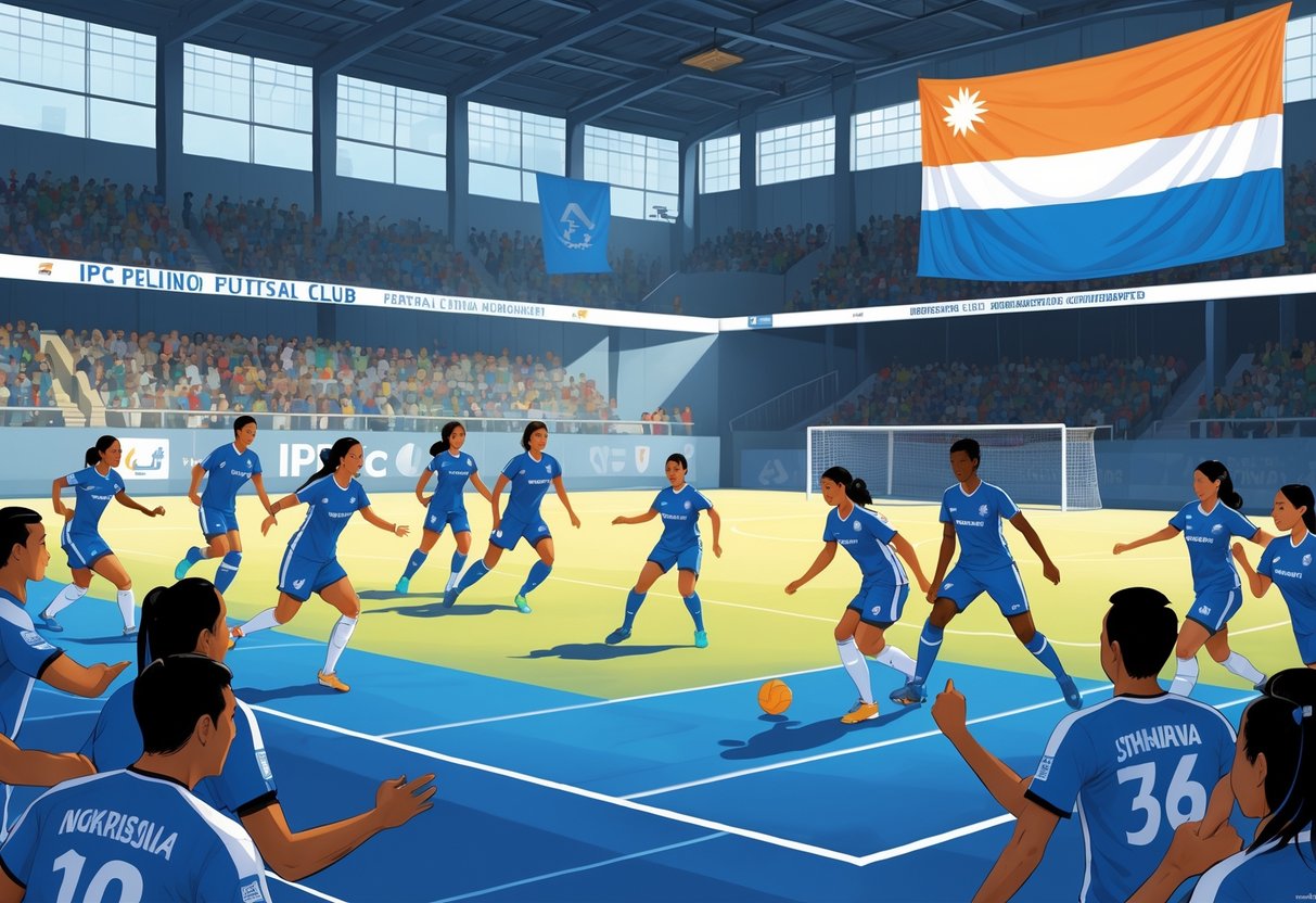 Pertandingan futsal di dalam ruangan dengan pemain mengenakan seragam biru dan putih, bermain secara aktif di lapangan dengan penonton di latar belakang dan elemen yang mewakili Indonesia.