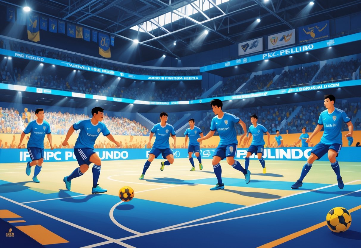 Beberapa pemain futsal sedang bermain di lapangan dalam pertandingan dengan penonton di tribun dan piala di latar belakang.