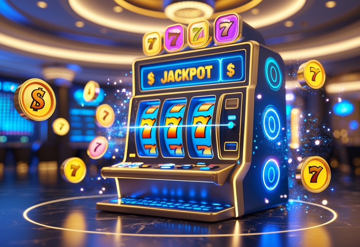 Mesin slot modern dengan lampu neon dan koin jackpot mengambang di latar kasino mewah.