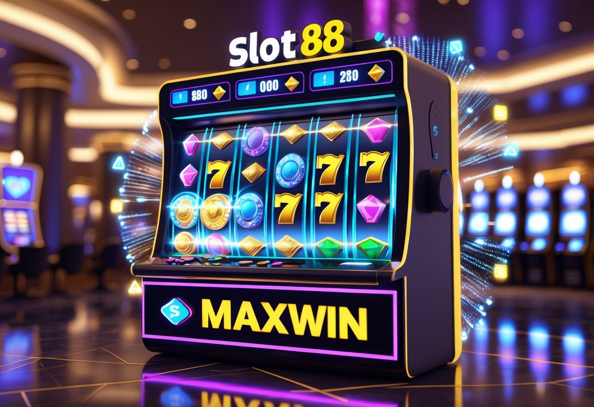 Mesin slot modern dengan gulungan berwarna-warni dan simbol keberuntungan di dalam kasino mewah yang terang dan berkilau.