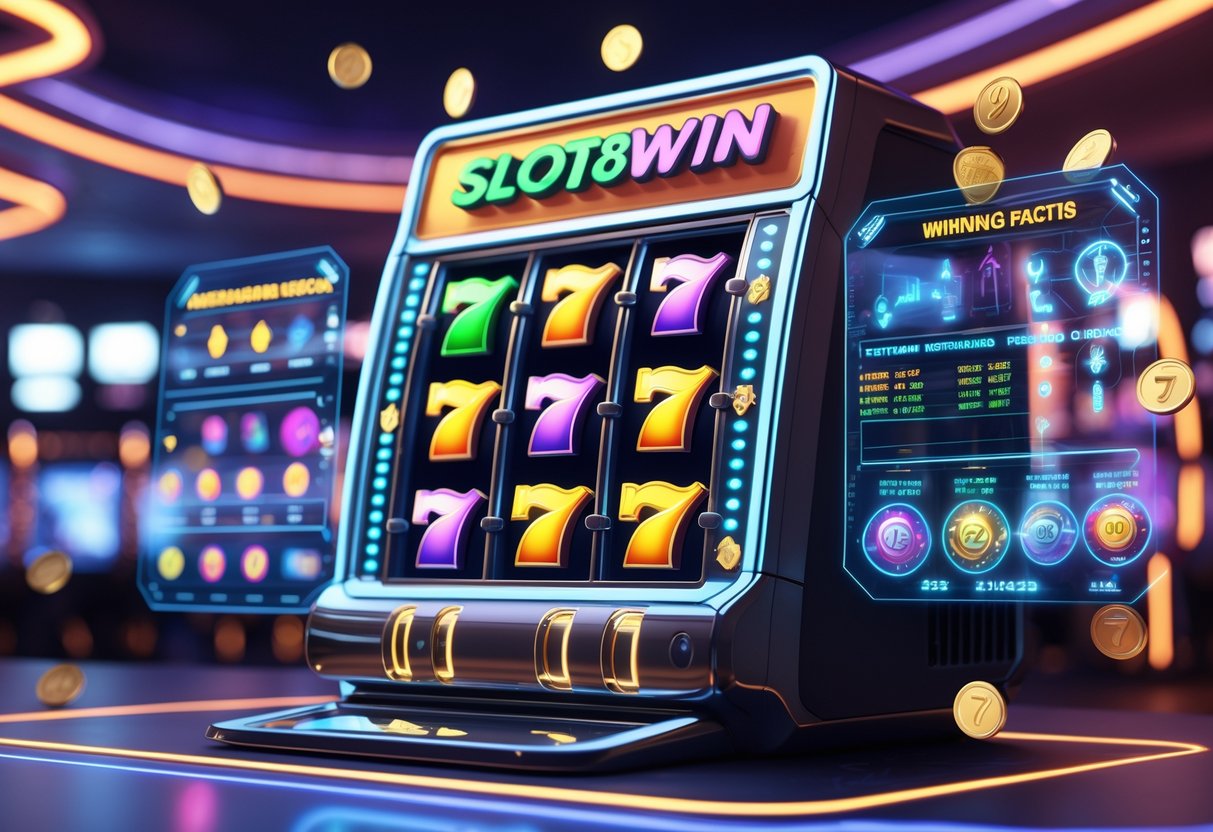 Mesin slot futuristik dengan gulungan berwarna-warni yang sedang berputar dan panel holografik mengelilinginya, menunjukkan faktor-faktor yang mempengaruhi peluang menang.