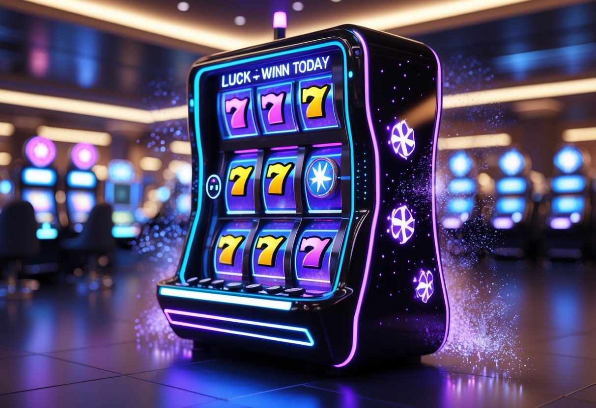 Mesin slot hitam modern dengan lampu neon biru dan ungu yang menyala, menampilkan simbol keberuntungan di lantai kasino.