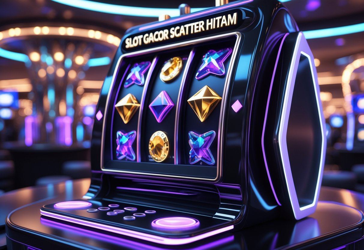 Sebuah mesin slot hitam modern dengan simbol-simbol berkilau dan lampu neon di lingkungan kasino yang ramai.