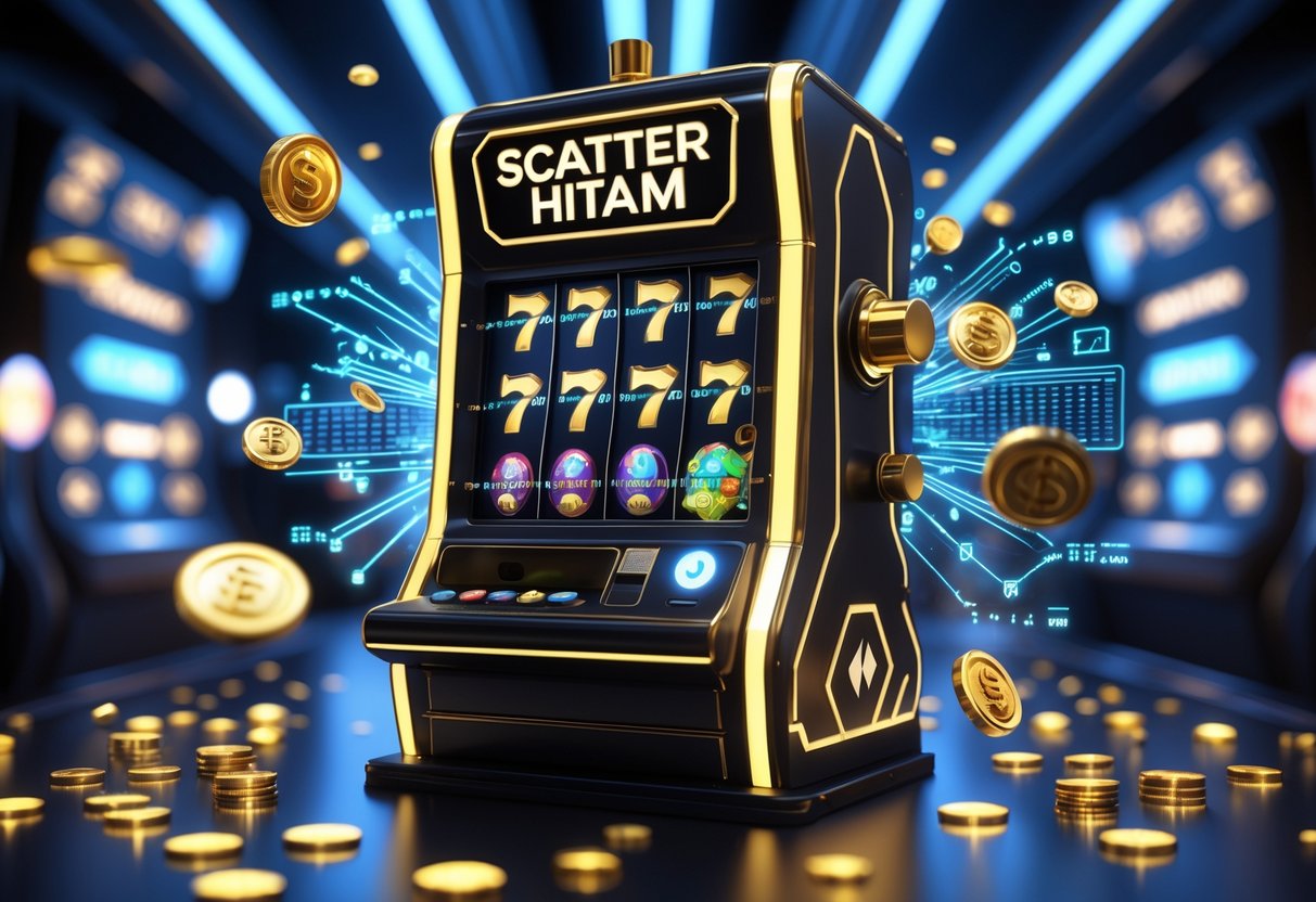 Mesin slot hitam dengan aksen emas yang dikelilingi koin mengambang dan pola holografik di dalam kasino futuristik.