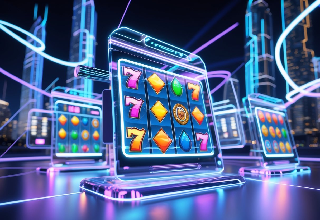 Pemandangan portal permainan slot online futuristik dengan mesin slot holografik mengambang dan latar kota digital modern.