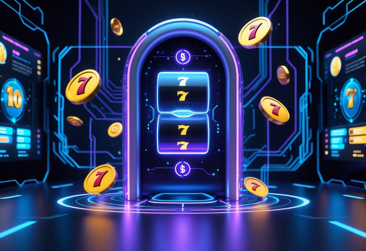 Sebuah portal digital futuristik dengan simbol mesin slot mengambang dan latar belakang gelap berisi pola sirkuit dan cahaya neon.