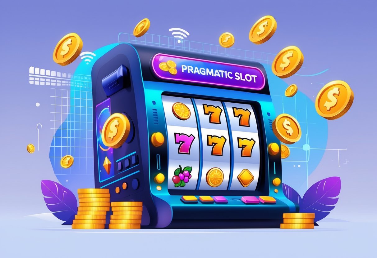 Ilustrasi mesin slot digital berwarna-warni dengan simbol buah, angka tujuh keberuntungan, dan koin emas yang sedang berputar, dikelilingi oleh elemen grafis yang menggambarkan konektivitas online.